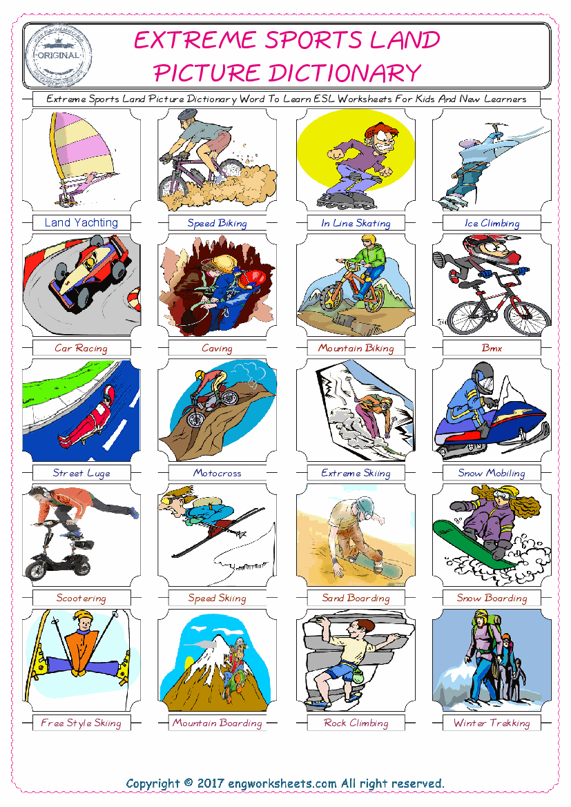  Extreme Sports Land English Worksheet for Kids ESL Printable Picture Dictionary 